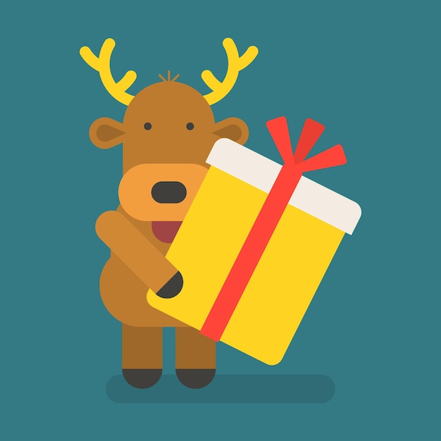 Reindeer holding big gift. Vector character. Vector Illustration