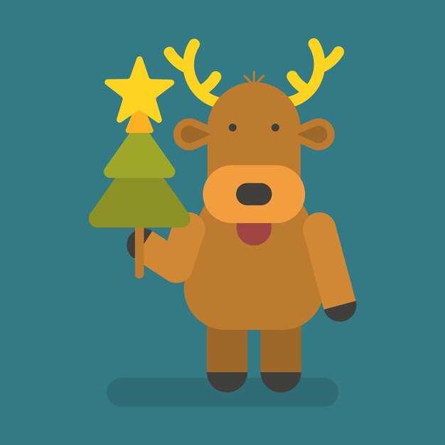 Reindeer holding christmas tree. Vector character. Vector Illustration