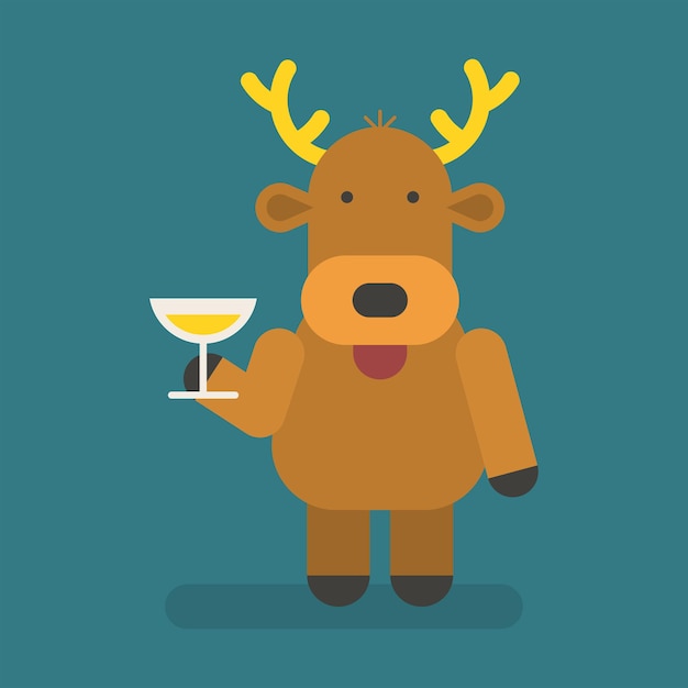 Reindeer holding glass with champagne. Vector character. Vector Illustration