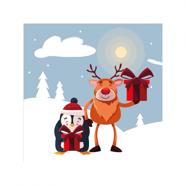 Reindeer and penguin with gift box in winter landscape