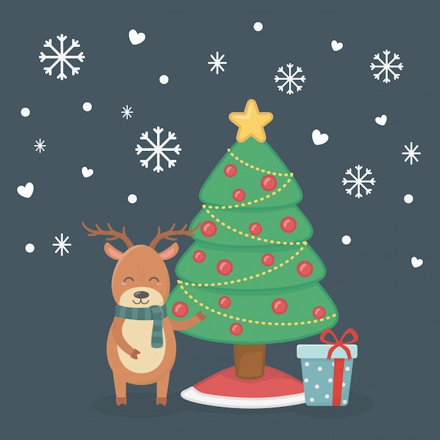 Reindeer tree gift and snowflakes illustration