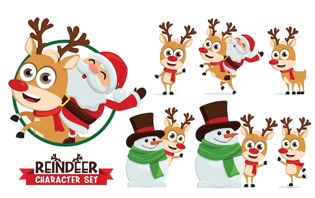 Reindeer vector characters set Reindeers character like santa ride skating and playing