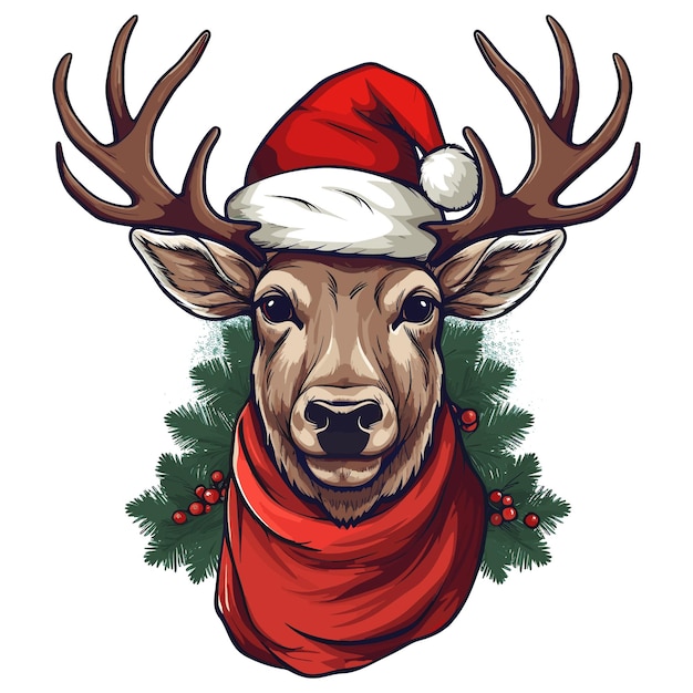 Reindeer wearing Santa Claus hat Christmas reindeer clipart Vector illustration