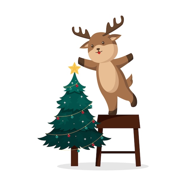 Reindeer with Christmas Tree Character Design Illustration