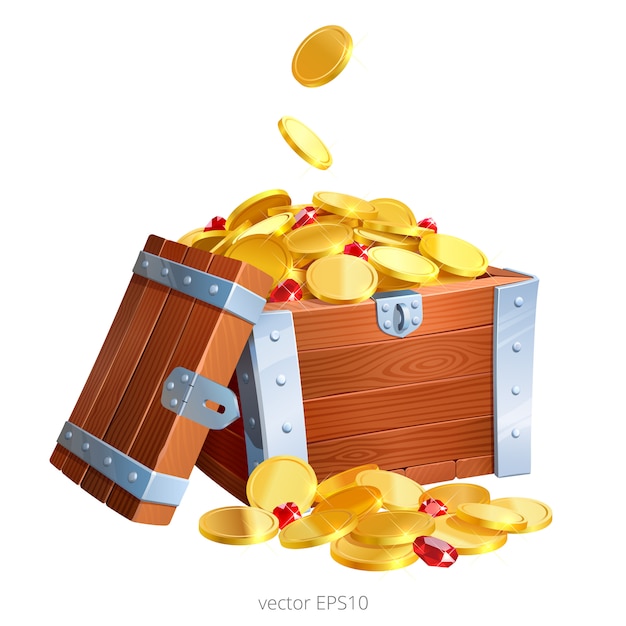 Reinforced wooden box is filled with a shining gold money and rubies. Bunch of of precious coins and red gems.