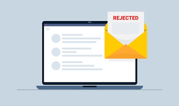 Reject letter. Open document on laptop screen. Negative answer in college, university or at work. Vector