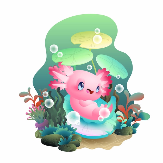 Relax axolotl vector illustration, cute pink salamander