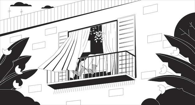 Relax on balcony black and white lo fi aesthetic wallpaper Curtains blowing in wind outline 2D vector cartoon interior illustration monochrome lofi background Bw 90s retro album art chill vibes