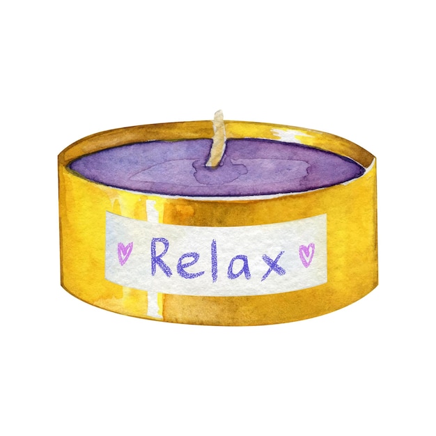 Relax candle in a golden glass watercolor vector illustration isolated on white background