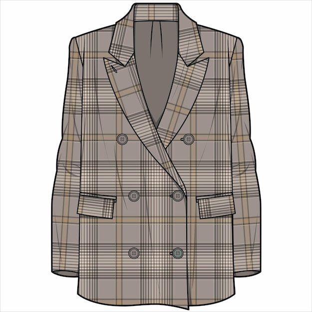 RELAX FIT NOTCH COLLAR LONG LINE DOUBLE BREASTED BROWN CHECK BLAZER FOR WOMEN CORPORATE WEAR