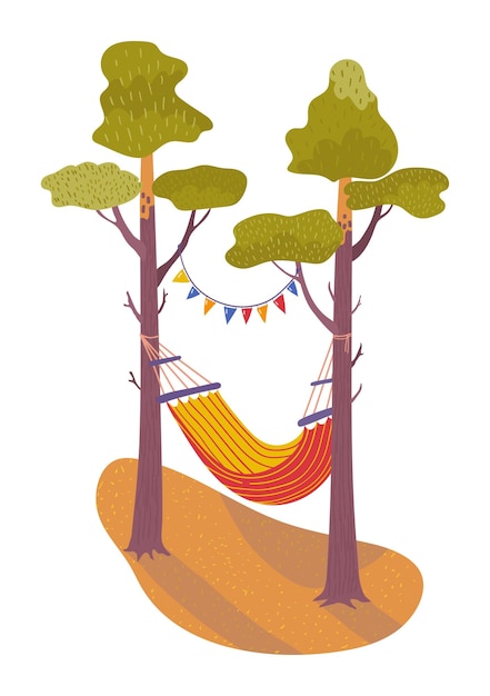 Relax wood place hammock on tree outdoor place rest vacation area cartoon vector illustration