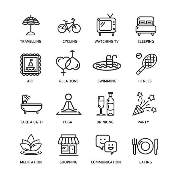 Relaxation Rest Time Black Thin Line Icon Set Vector