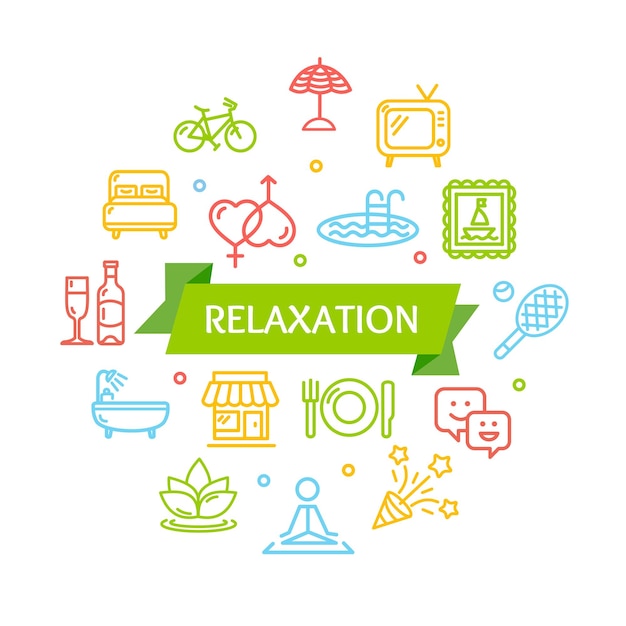 Relaxation Rest Time Color Round Design Template Line Icon Concept Vector