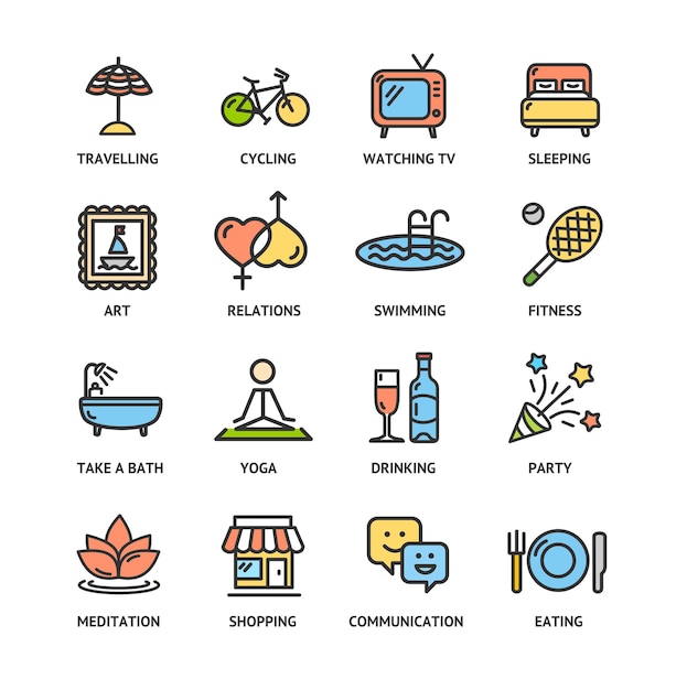 Relaxation Rest Time Color Thin Line Icon Set Vector