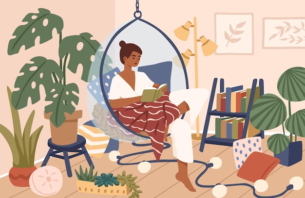 Relaxed black skin woman sitting in comfy hanging chair vector flat illustration. Female covering plaid reading book at cozy home interior. Time for yourself and relaxation at comfortable atmosphere.