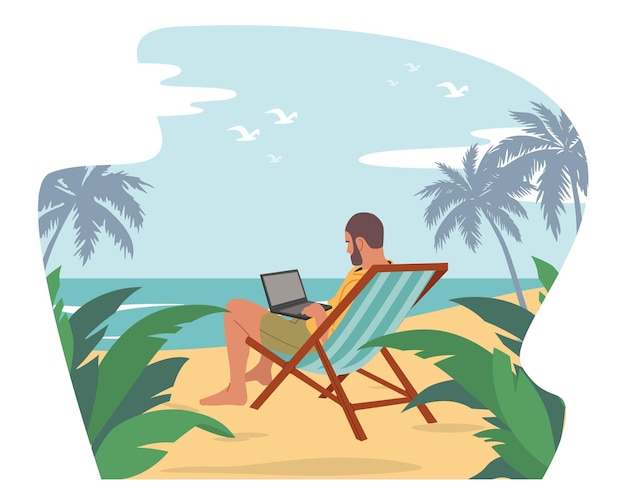 Relaxed Businessman Freelancer in Summer Wear Sitting on Daybed on Exotic Tropical Beach with Palm Trees Work on Laptop