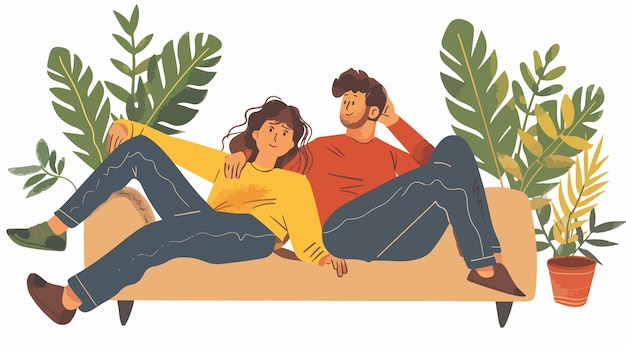 Vector relaxed couple enjoying leisure time with legs up on wall handdrawn illustration