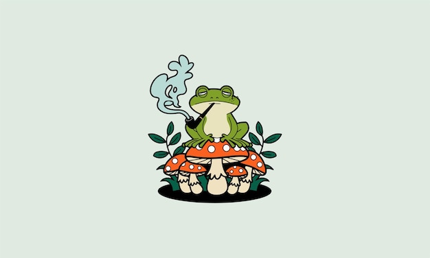 A relaxed frog smoking a pipe on mushrooms