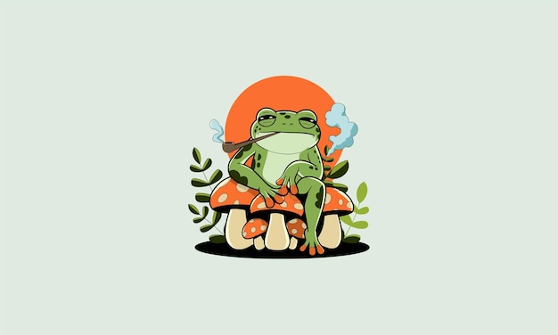 A relaxed frog smoking a pipe on mushrooms