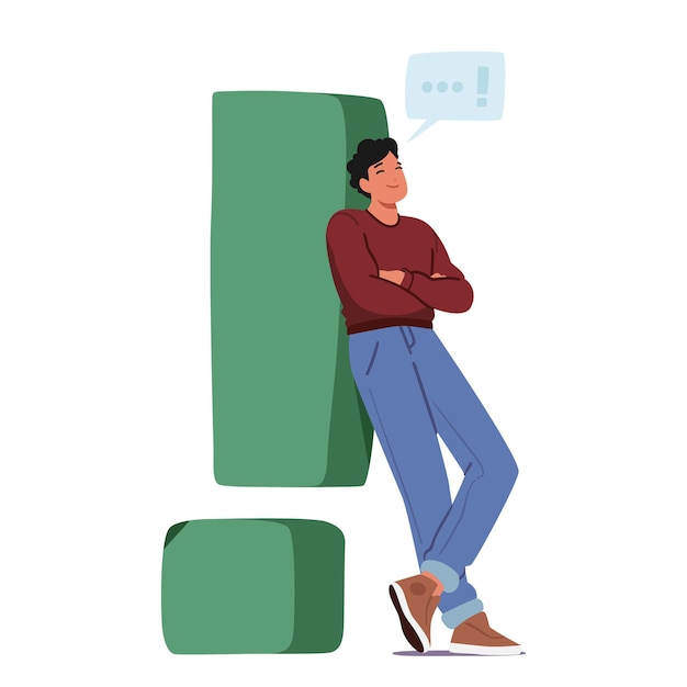 Relaxed Male Character Leaning Against A Massive Exclamation Mark With A Serene Smile and Speech Bubble Illustration