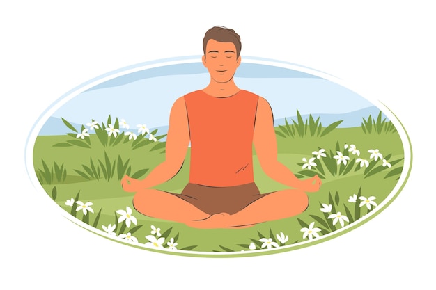 Relaxed man meditating sitting in lotus yoga pose in nature Yoga practice mental health concept