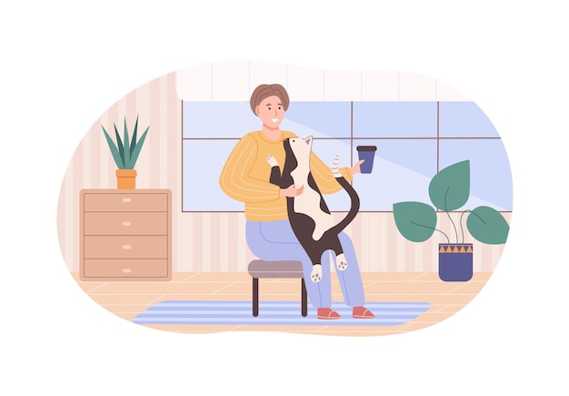 Relaxed man in sitting on chair hugging his cat