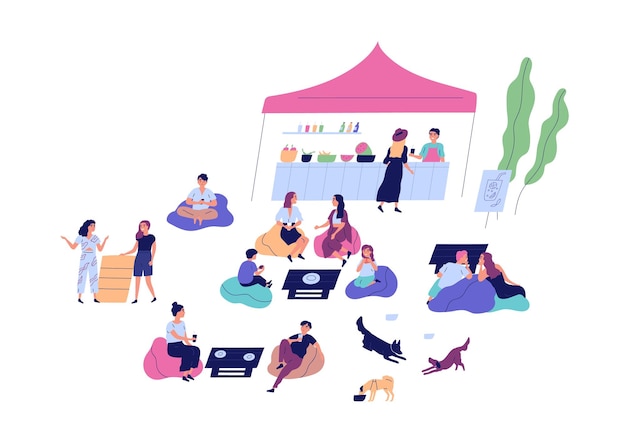 Relaxed people and pets spend time at outdoor cafe vector flat illustration. Man, woman and children talk, drink fresh beverage, sit on comfy armchair isolated. Street cafeteria or juice bar.