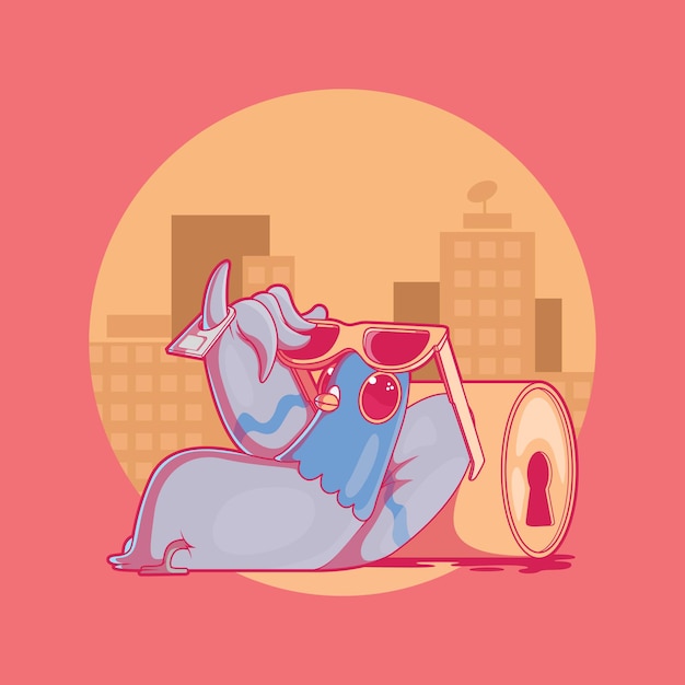 Relaxed pigeon illustration. City life, animal, funny concept.