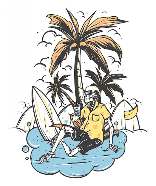 Relaxed skeleton skull under the palm tree with surf board