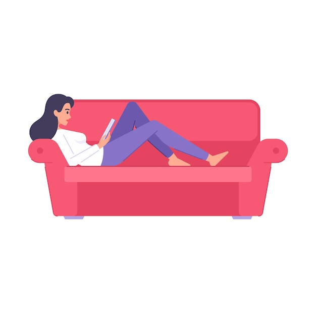 Relaxed woman reading interesting paper book lying on comfortable couch resting at home vector