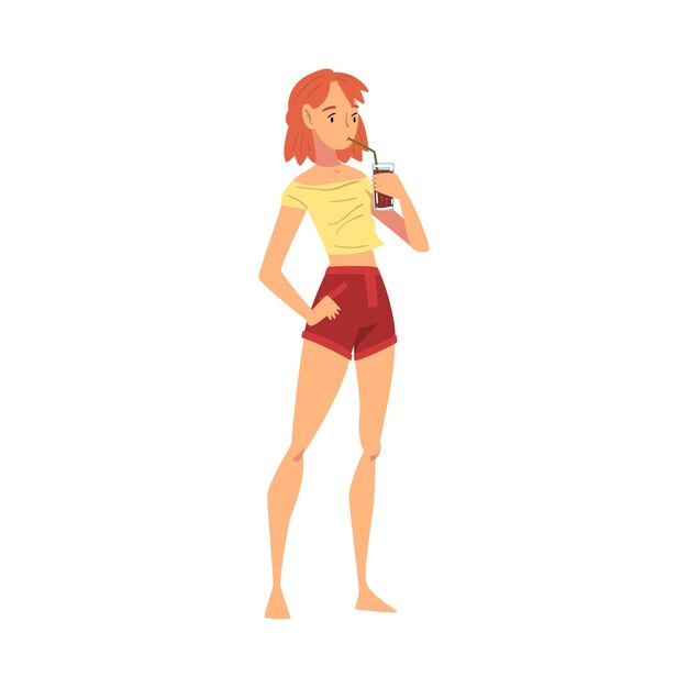 Vector relaxed young woman drinking cocktail female character wearing tank top and shorts ready to enjoy