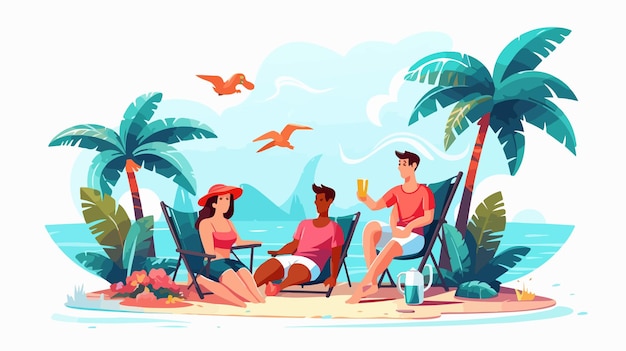 Vector relaxing friends on exotic island flat illustration