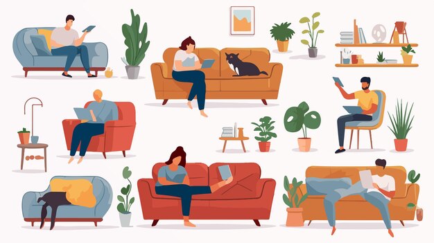 Relaxing at Home on Cozy Sofa and Armchairs Comfortable Lifestyle Scene with Woman Resting