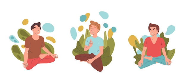 Relaxing male meditating characters peaceful lotus pose yoga meditation vector illustrations set