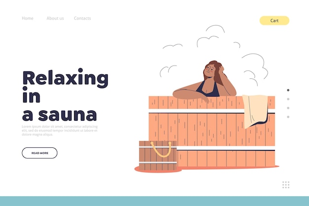 Vector relaxing in sauna concept of landing page with young woman enjoy hot stream spa in finnish sauna