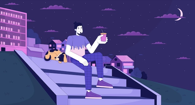 Relaxing with pet on hillside stairs at night lofi wallpaper