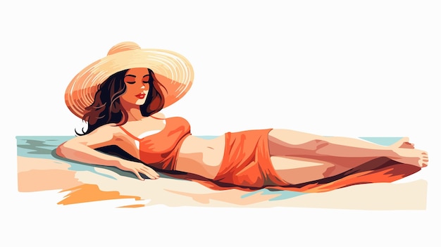 Vector relaxing woman in hat on beach towel summer vector illustration