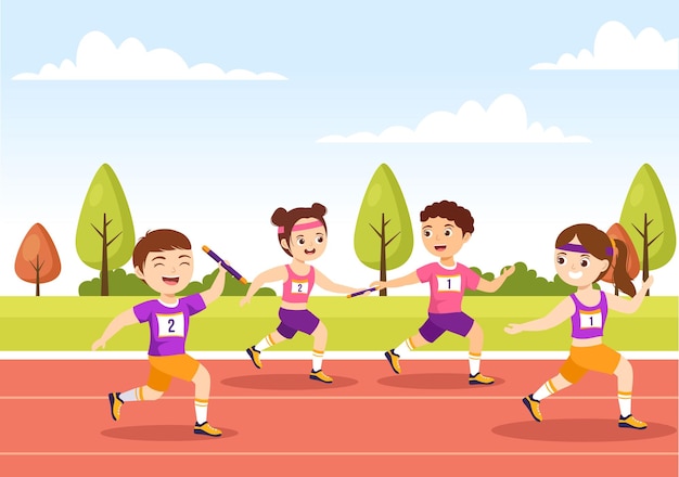 Relay Race Sport Illustration Kids by Passing the Baton to Teammates Until Reaching the Finish Line