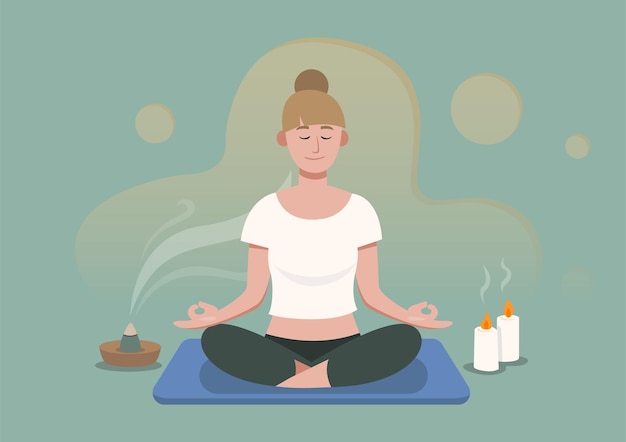 Relex woman closed eyes sitting on mat in lotus position