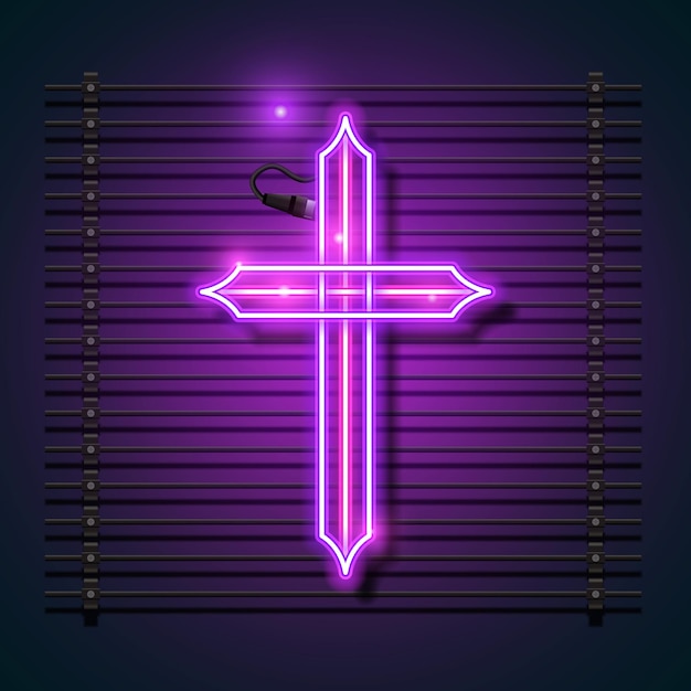 Religion cross neon sign. Purple Christian cross icon.