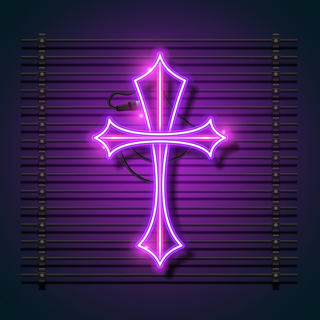 Vector religion cross neon sign. purple christian cross icon.