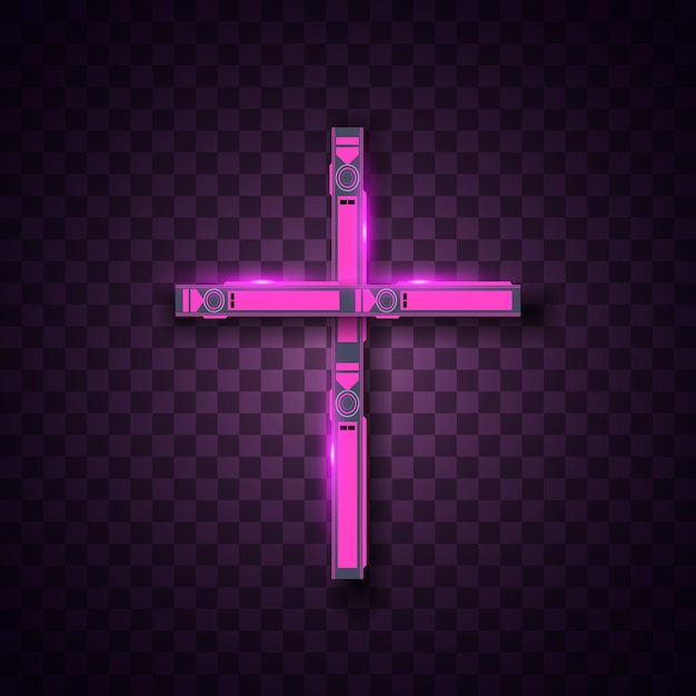 Vector religion cross neon sign purple christian cross icon