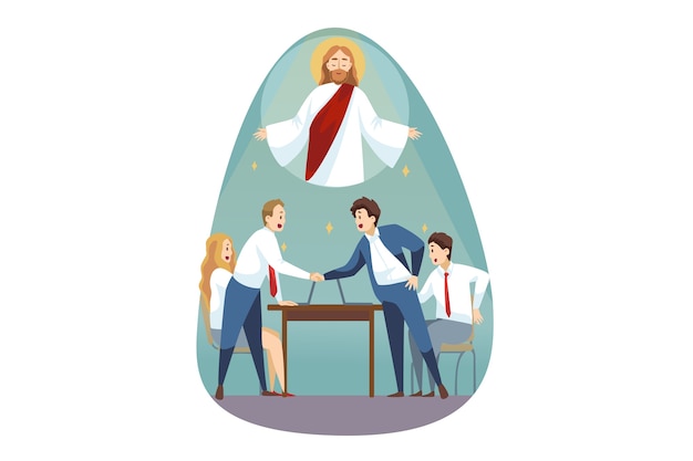 Religion, support, business, christianity, meeting concept. Jesus Christ son of God Messiah helping young businessman woman clerk manager making deal. Divine assistance and reconciliation illustration