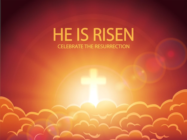 Vector religious background cross against the orange sky with clouds sun rays and lettering he is risen easter theme illustration