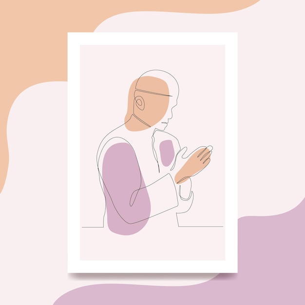 A religious Muslim man praying is depicted on a handdrawn oneline art poster