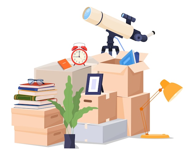 Relocation Cardboard boxes with things Packing objects for transportation Vector illustration