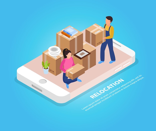 Relocation mobile service with packing and transportation symbols isometric  illustration