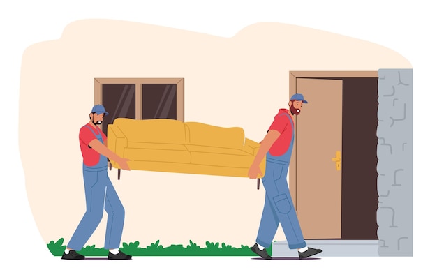 Relocation and Moving into New House Concept Workers Characters Carry Sofa Professional Furniture Delivery Company