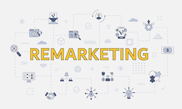 Remarketing concept with icon set with big word or text on center