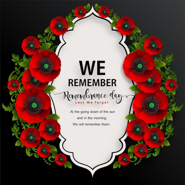 Remembrance day lest we forget. realistic red poppy flower with paper cut art and craft style on background.